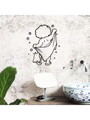 Asilmeydan Duştan Çıkan Çocuk ve Kedi Silüeti Dekoratif Banyo Duvar Sticker, Çıkartma Mavi