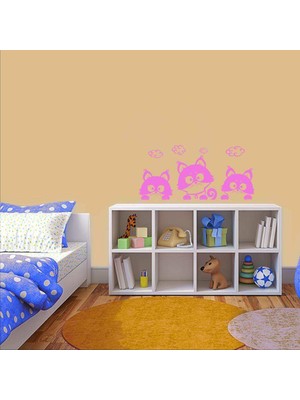 Asilmeydan Meraklı Minnoş Sevimli Kedicikler Dekoratif Duvar Sticker, Çıkartma, Etiket Pembe