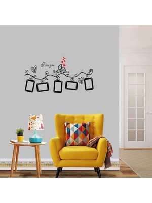 Asilmeydan Ağaç Dalındaki Kuşlar Kalpli  Fotoğraf Çerçeveleri Dekoratif Duvar Sticker, Çıkartma