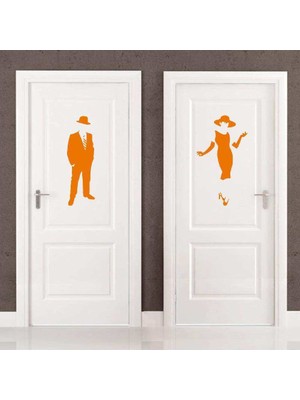 Asilmeydan Ladies And Gentlemen Wc Silüeti Kapı Dekoratif Duvar Sticker, Çıkartma Turuncu