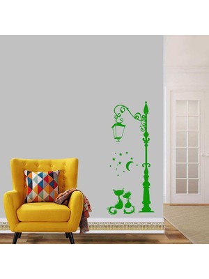 Asilmeydan Sokak Lambası Altındaki Aşık Kediler Dekoratif Duvar Sticker, Çıkartma, Etiket Yeşil