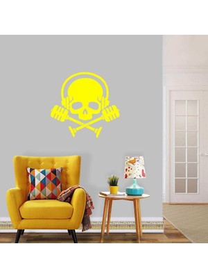 Asilmeydan Müzik Dinleyen Kurukafa Silüeti Dekoratif Duvar Sticker, Çıkartma, Etiket Sarı