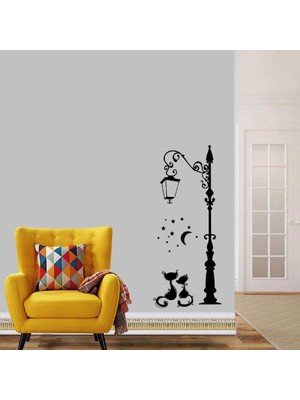 Asilmeydan Sokak Lambası Altındaki Aşık Kediler Dekoratif Duvar Sticker, Çıkartma, Etiket