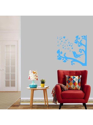 Asilmeydan Ağaçtaki Sevimli Kuş - Nota Sembolü Silüeti Dekoratif Duvar Sticker, Çıkartma, Etiket Mavi