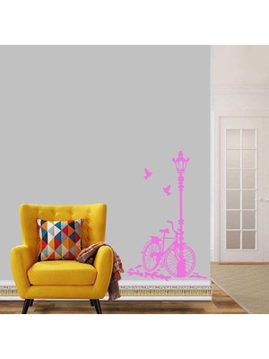 Asilmeydan Sokak Lambası Bisiklet Büyük Boy Romantik Tema Dekoratif Duvar Sticker, Çıkartma, Etiket Pembe