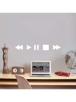 Asilmeydan Play Pause Stop Sembol Silüeti Dekoratif Duvar Sticker, Çıkartma, Etiket Beyaz
