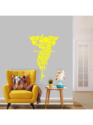 Asilmeydan Yaprakların Arasında Gizemli Tavus Kuşu Silüeti Dekoratif  Duvar Sticker, Çıkartma Sarı