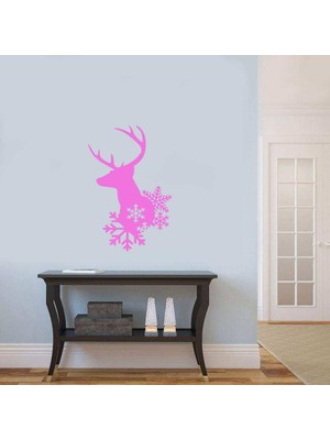 Asilmeydan Kar Kristalleri ve Geyik Silüeti Dekoratif Duvar Sticker, Çıkartma Pembe