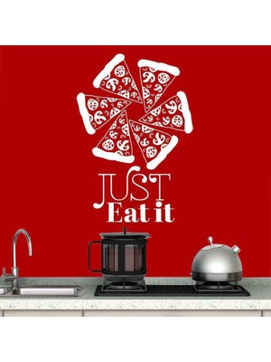 Asilmeydan Just Eat It Yazılı Pizza Dilimleri Silüeti Dekoratif Mutfak Duvar Sticker, Çıkartma