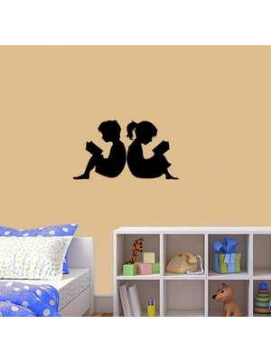 Asilmeydan Kitap Okuyan Arkadaş- Kardeş Silüeti Dekoratif Duvar Sticker, Çıkartma