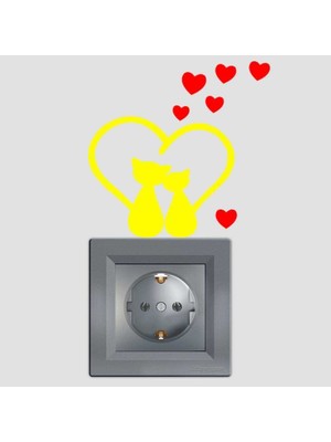 Asilmeydan Kuyrukları Kalp Olmuş Kırmızı Kalpli Kedicikler Priz Sticker Etiket Sarı