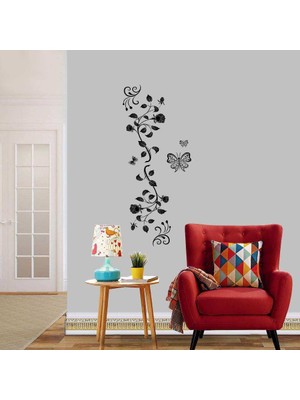 Asilmeydan Sarmaşık Güller ve Kelebek Silüeti Dekoratif Duvar Sticker, Çıkartma, Etiket