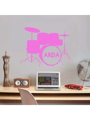 Asilmeydan Bateri Davul Seti Slüeti Isme Özel Dekoratif Genç Odası Duvar Sticker, Çıkartma Pembe