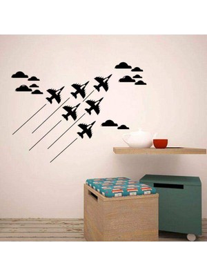 Asilmeydan Gökyüzündeki F16 Uçakları - Bulutlar Dekoratif Çocuk Odası Duvar Sticker, Çıkartma Siyah