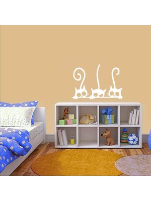 Asilmeydan Meraklı Kara Kediler Dekoratif Duvar Sticker, Çıkartma, Etiket Beyaz