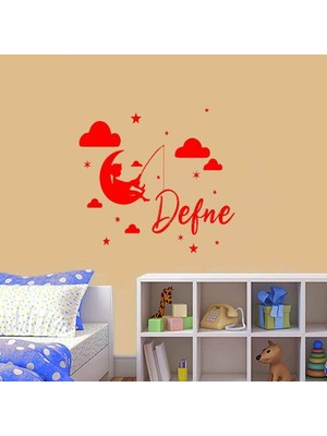 Asilmeydan Gökyüzünde Ay'ın Üzerinde Olta Tutan Çocuk - Isme Özel Dekoratif Çocuk Odası Duvar Sticker, Çıkartm Kırmızı