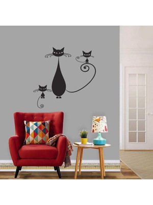 Asilmeydan Kıvrık Kuyruk Kedi Ailesi Dekoratif Duvar Sticker, Çıkartma, Etiket