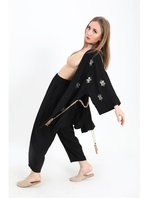 Marissa Butik Keten Kimono Takım Göz Nakışlı - Siyah