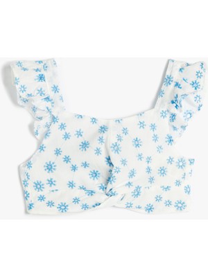 Koton Crop Bluz Çiçekli Fisto İşlemeli Fırfırlı Kolsuz