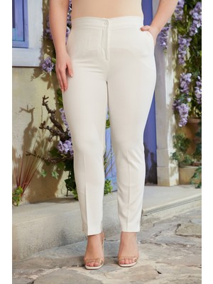 Rmg Beli Lastikli Paça Yırtmaç Detaylı Büyük Beden Beyaz Kumaş Pantolon