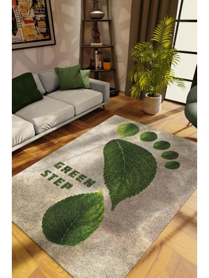 Homshtag Yeşil Adım Bej Renkli Halı Doğa Severler İçin Hediyelik Yeşil Renk Halı Modern Yazlık Halı