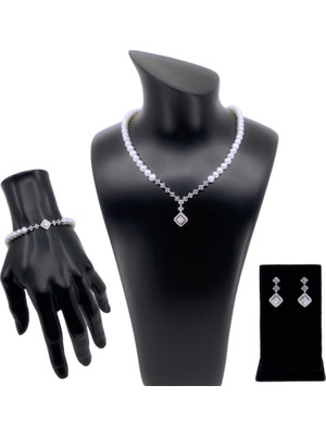 Pars Jewellery Gerçek Inci Set, 925 Gümüş Takım,  Gerdanlık Set, Kolye, Bileklik, Küpe, Düğün Seti