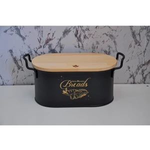 mfb grup Metal Siyah Kesme Tahtalı Ekmeklik Bambu Kapaklı Lüx Metal Ekmek Kovası Kesme-Ekmeklik