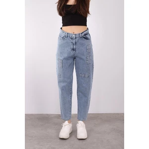 Kadın Yüksek Bel Yama Detay Mom Jean Pantolon Soul 31097 Blue