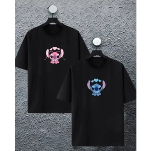 Yeni Sezon Oversize Geniş Kalıp Lilo ve Stitch Baskılı Sevgili Kombini Yazlık T-Shirt
