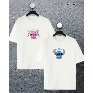 Yeni Sezon Oversize Geniş Kalıp Lilo ve Stitch Baskılı Sevgili Kombini Yazlık T-Shirt