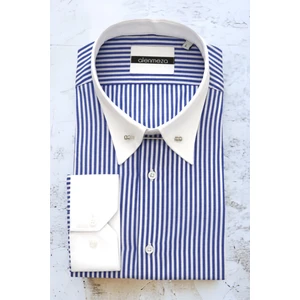 Erkek Mavi Beyaz Çizgili Beyaz Iğneli Yakalı Casual Kolay Ütülenebilir Cepsiz Modern Fit Gömlek