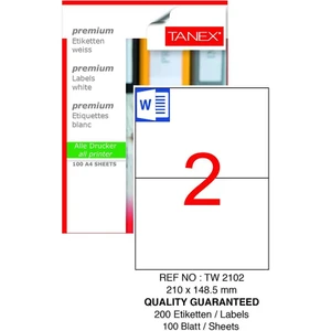 Bilgisayar Etiketi TW-2102 210X148,5 mm 100 Lü Lazer Etiket 1 Paket Tanex Davetiye Kargo Koli Kutu Etiketi