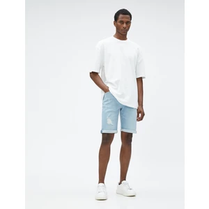 Yırtık Kot Şort Bermuda Katlı Paça Detaylı Düğmeli Pamuklu