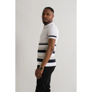 Slimfit Polo Yaka Likralı Çizgili Triko Kumaş Yazlık Spor Erkek T-Shirt