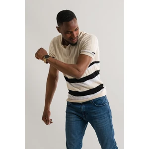 Slimfit Polo Yaka Likralı Çizgili Triko Kumaş Yazlık Spor Erkek T-Shirt