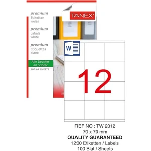 Bilgisayar Etiketi TW-2312 70X70 mm 100 Lü Lazer Etiket 1 Paket Tanex Davetiye Kargo Koli Kutu Etiketi