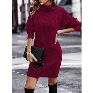 AQE FASHION Saç Örgü & Selanik Örgü Desenli Links Detay Boğazlı Uzun Kol Sırt Detaylı Bordo Triko Elbise Tunik