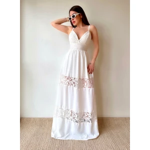 Kadın Askılı Dantel Detaylı Aerobin Kumaş Göğüs Dekolteli Maxi Boy Abiye Elbise (Renkli)