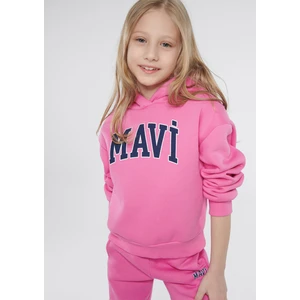 Çocuk Mavi Logo Baskılı Kapüşonlu Pembe Sweatshirt 7610035-70982