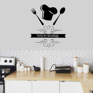 Kişiye Özel Isim Yazılı Aşçı Şapka Silüetli Dekoratif Mutfak Duvar Sticker, Çıkartma, Etiket