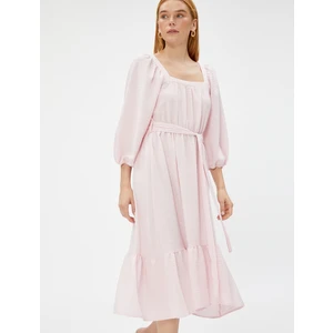 Midi Katlı Elbise Kemerli Kısa Kollu