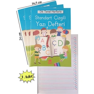 Güzel Yazı Defteri Orta Boy 16,5X24 cm 24 Yaprak 3 Adet Standart Çizgili Yazı Defteri Dik Temel Harflerle 1. Sınıf