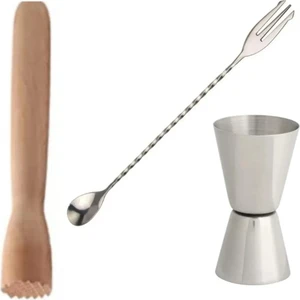 Adin Tasarım Kokteyl Seti 3'lü Ahşap Mojito Tokmağı Jigger 2/4 cl Çatallı Bar Kaşığı Kokteyl Ölçeği Bartender