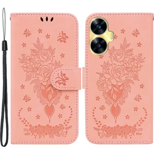 Realme C55 Baskılı Gül Kelebek Telefon Kılıfı Deri Cüzdan Akıllı Telefon Stand Kapağı (Yurt Dışından)