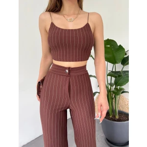 Kadın Çizgi Desenli Ip Askılı Crop ve Pantolon Alt Üst Takım Bordo