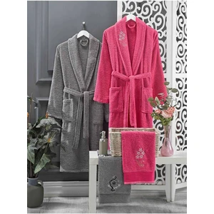 Hepsine Rakip 4 Parça Aile Bornoz Seti Kadın Erkek Havlulu Bornoz Takımı  Fuşya Gri