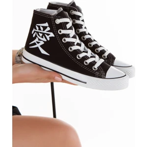 Günlük Keten Rahat Bilekli Siyah Uzun Convers Çince Baskılı Sneaker Spor Ayakkabı