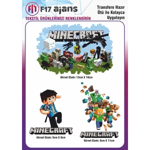 Ütü ile Yapışan Tekstil Dtf Transfer Baskı Minecraft 3'lü Set