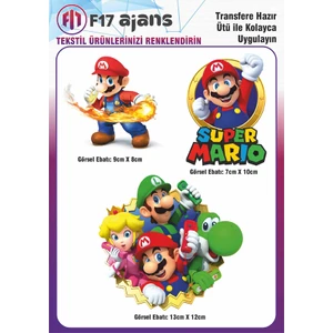 Ütü ile Yapışan Tekstil Dtf Transfer Baskı Süper Mario 3'lü Set