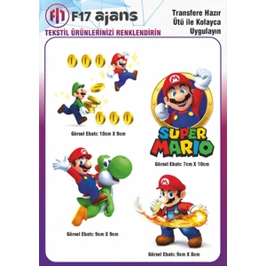 Ütü ile Yapışan Tekstil Dtf Transfer Baskı Süper Mario 4'lü Set